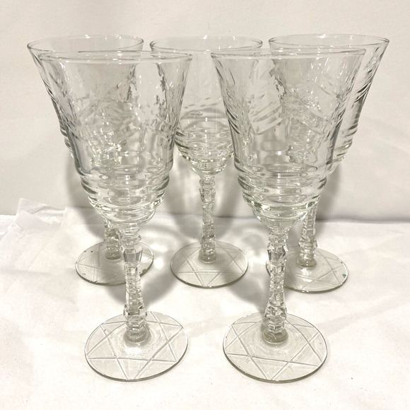Libbey Rock Sharpe ARCTIC ROSE Goblets Water Glasses Set of 5 Clear etch crystal - Picture 2 of 12